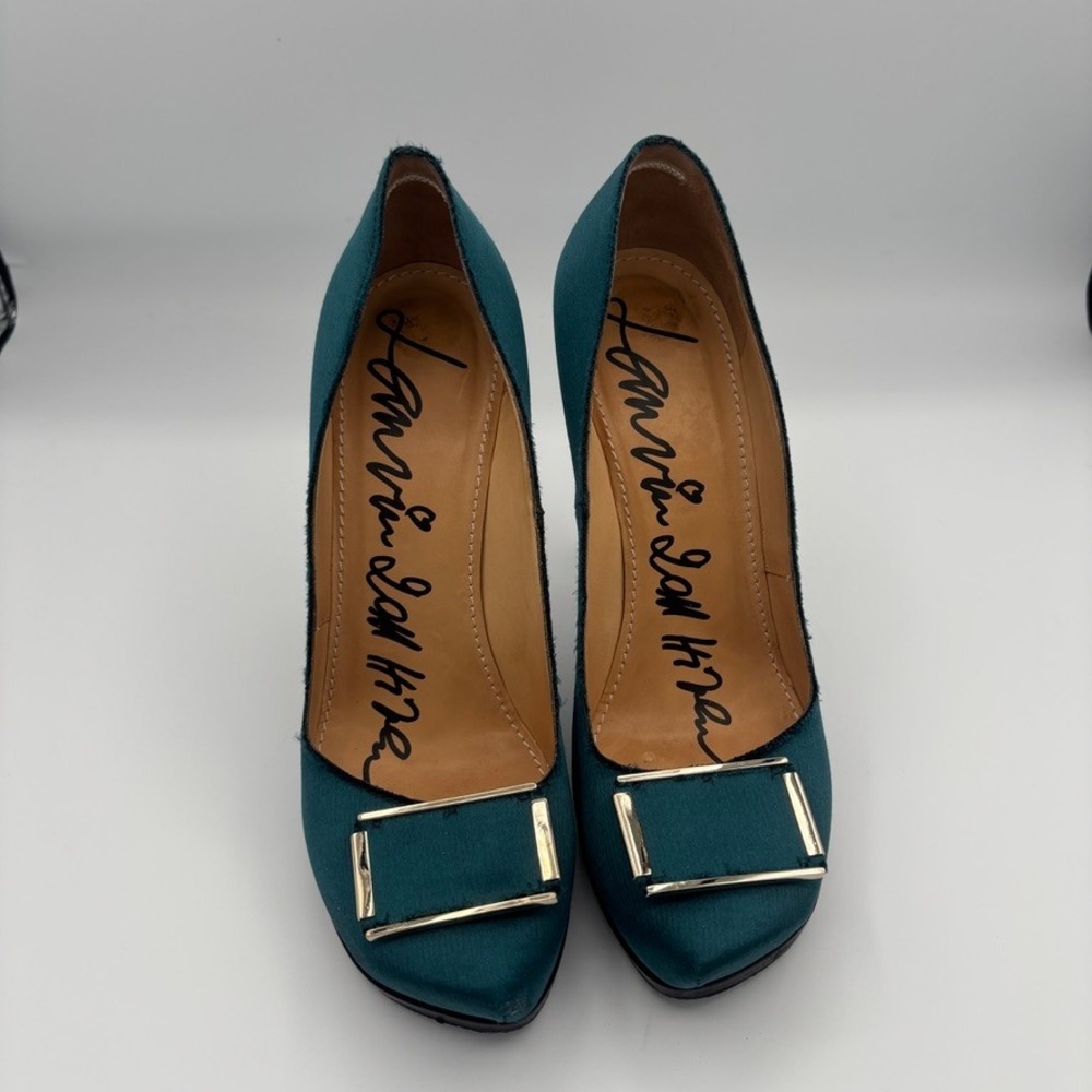 Lanvin Platform Pumps Women Sz 39 Teal Satin Buckle Stiletto Heel Luxury - Picture 2 of 16
